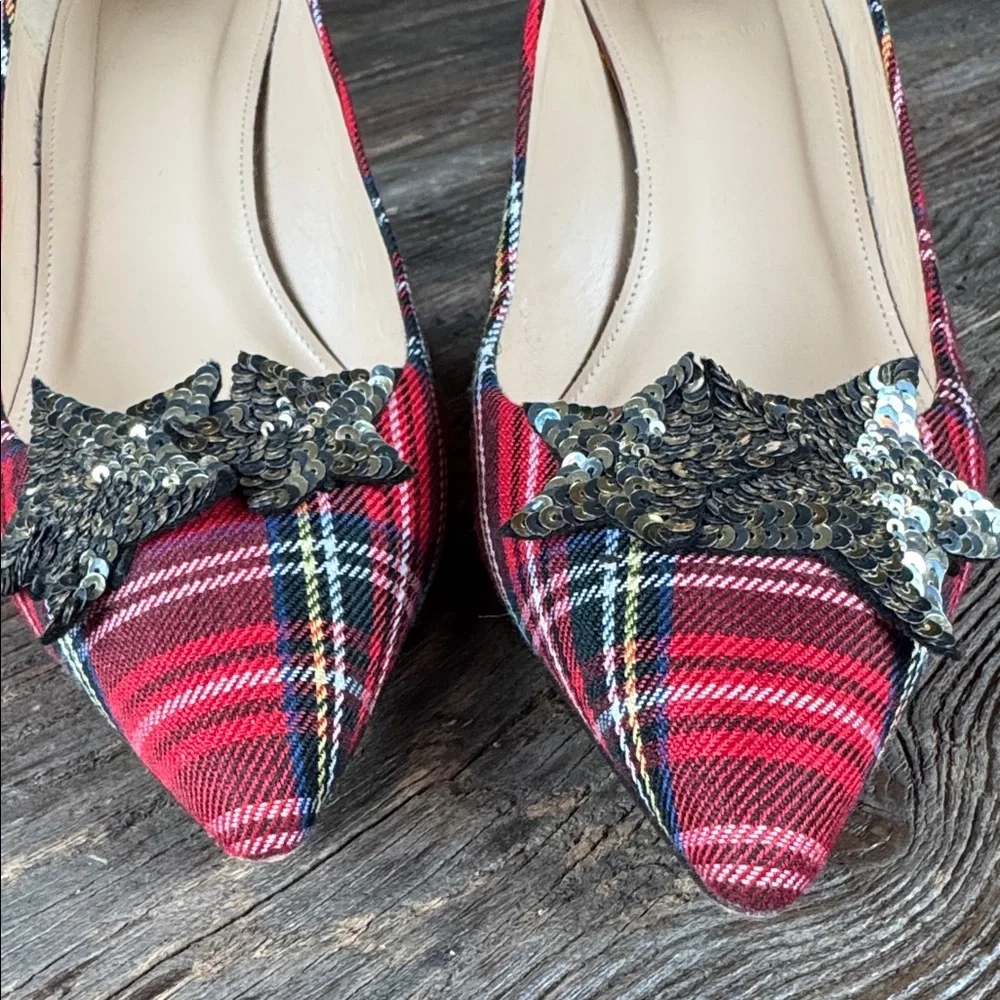 J. crew Lucie tartan plaid heel with‎ sequin star embellishment EUC size 9.5